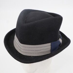 Broner Wool Fedora Hat Mens Medium Black Grey Navy Striped Band Trilby RN 41517